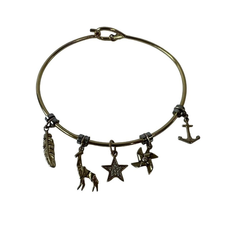 Origami Owl 925 5 Charm Bangle Bracelet Goldtone Star Giraffe Feather Anchor